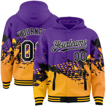 Laden Sie das Bild in den Galerie-Viewer, Custom Purple Gold-Black Abstract Splash Grunge Art 3D Pattern Design Bomber Full-Snap Varsity Letterman Hoodie Jacket
