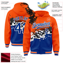 Load image into Gallery viewer, Custom Orange Royal-Black Abstract Splash Grunge Art 3D Pattern Design Bomber Full-Snap Varsity Letterman Hoodie Jacket
