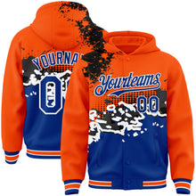 Load image into Gallery viewer, Custom Orange Royal-Black Abstract Splash Grunge Art 3D Pattern Design Bomber Full-Snap Varsity Letterman Hoodie Jacket
