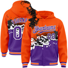 Load image into Gallery viewer, Custom Orange Purple-Black Abstract Splash Grunge Art 3D Pattern Design Bomber Full-Snap Varsity Letterman Hoodie Jacket
