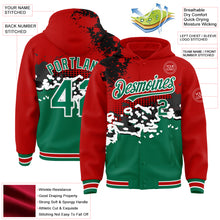 Laden Sie das Bild in den Galerie-Viewer, Custom Red Kelly Green-Black Abstract Splash Grunge Art 3D Pattern Design Bomber Full-Snap Varsity Letterman Hoodie Jacket
