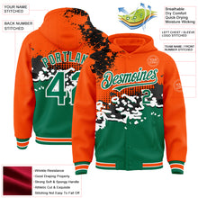 Laden Sie das Bild in den Galerie-Viewer, Custom Orange Kelly Green-Black Abstract Splash Grunge Art 3D Pattern Design Bomber Full-Snap Varsity Letterman Hoodie Jacket
