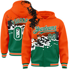 Laden Sie das Bild in den Galerie-Viewer, Custom Orange Kelly Green-Black Abstract Splash Grunge Art 3D Pattern Design Bomber Full-Snap Varsity Letterman Hoodie Jacket
