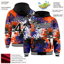 Laden Sie das Bild in den Galerie-Viewer, Custom Black Orange-Royal Abstract Splash Grunge Art 3D Pattern Design Bomber Full-Snap Varsity Letterman Hoodie Jacket
