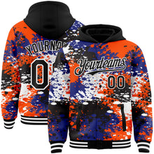 Laden Sie das Bild in den Galerie-Viewer, Custom Black Orange-Royal Abstract Splash Grunge Art 3D Pattern Design Bomber Full-Snap Varsity Letterman Hoodie Jacket
