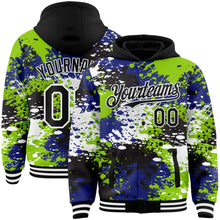 Laden Sie das Bild in den Galerie-Viewer, Custom Black Neon Green-Royal Abstract Splash Grunge Art 3D Pattern Design Bomber Full-Snap Varsity Letterman Hoodie Jacket
