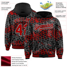 Laden Sie das Bild in den Galerie-Viewer, Custom Black Red-White Abstract Network 3D Pattern Design Bomber Full-Snap Varsity Letterman Hoodie Jacket
