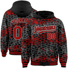 Laden Sie das Bild in den Galerie-Viewer, Custom Black Red-White Abstract Network 3D Pattern Design Bomber Full-Snap Varsity Letterman Hoodie Jacket
