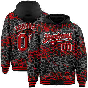 Custom Black Red-White Abstract Network 3D Pattern Design Bomber Full-Snap Varsity Letterman Hoodie Jacket