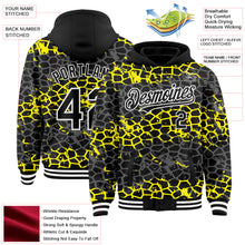 Laden Sie das Bild in den Galerie-Viewer, Custom Black Light Yellow-White Abstract Network 3D Pattern Design Bomber Full-Snap Varsity Letterman Hoodie Jacket
