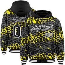 Laden Sie das Bild in den Galerie-Viewer, Custom Black Light Yellow-White Abstract Network 3D Pattern Design Bomber Full-Snap Varsity Letterman Hoodie Jacket
