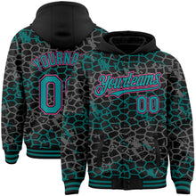 Load image into Gallery viewer, Custom Black Teal-Pink Abstract Network 3D Pattern Design Bomber Full-Snap Varsity Letterman Hoodie Jacket
