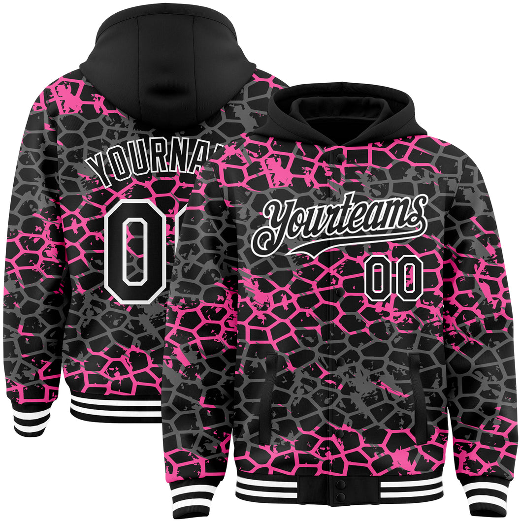 Custom Black Pink-White Abstract Network 3D Pattern Design Bomber Full-Snap Varsity Letterman Hoodie Jacket