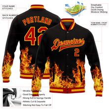 Laden Sie das Bild in den Galerie-Viewer, Custom Black Red-Gold Flame 3D Pattern Design Bomber Full-Snap Varsity Letterman Jacket
