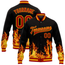 Laden Sie das Bild in den Galerie-Viewer, Custom Black Red-Gold Flame 3D Pattern Design Bomber Full-Snap Varsity Letterman Jacket
