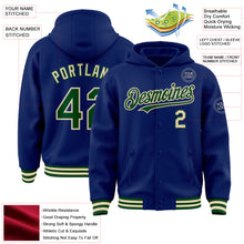 Laden Sie das Bild in den Galerie-Viewer, Custom Royal Green-Cream Bomber Full-Snap Varsity Letterman Hoodie Jacket
