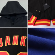 Laden Sie das Bild in den Galerie-Viewer, Custom Royal Black-Gold Bomber Full-Snap Varsity Letterman Hoodie Jacket
