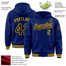 Laden Sie das Bild in den Galerie-Viewer, Custom Royal Black-Gold Bomber Full-Snap Varsity Letterman Hoodie Jacket
