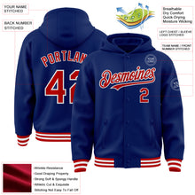 Load image into Gallery viewer, Custom Royal Red-White Bomber Full-Snap Varsity Letterman Hoodie Jacket
