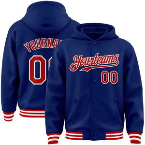 Custom Royal Red-White Bomber Full-Snap Varsity Letterman Hoodie Jacket