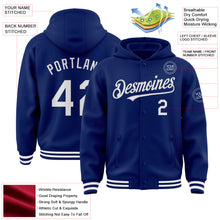 Laden Sie das Bild in den Galerie-Viewer, Custom Royal White Bomber Full-Snap Varsity Letterman Hoodie Jacket
