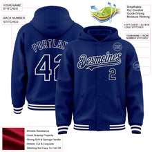 Laden Sie das Bild in den Galerie-Viewer, Custom Royal Navy-White Bomber Full-Snap Varsity Letterman Hoodie Jacket
