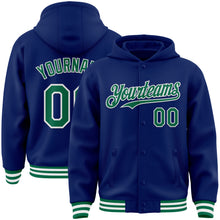 Laden Sie das Bild in den Galerie-Viewer, Custom Royal Kelly Green-White Bomber Full-Snap Varsity Letterman Hoodie Jacket
