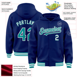 Custom Royal Teal-White Bomber Full-Snap Varsity Letterman Hoodie Jacket