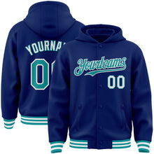 Laden Sie das Bild in den Galerie-Viewer, Custom Royal Teal-White Bomber Full-Snap Varsity Letterman Hoodie Jacket
