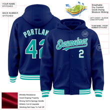 Laden Sie das Bild in den Galerie-Viewer, Custom Royal Aqua-White Bomber Full-Snap Varsity Letterman Hoodie Jacket
