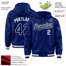 Load image into Gallery viewer, Custom Royal Navy-Gray Bomber Full-Snap Varsity Letterman Hoodie Jacket
