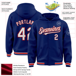 Custom Royal White-Red Bomber Full-Snap Varsity Letterman Hoodie Jacket