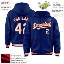 Laden Sie das Bild in den Galerie-Viewer, Custom Royal White-Orange Bomber Full-Snap Varsity Letterman Hoodie Jacket
