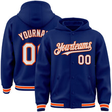 Load image into Gallery viewer, Custom Royal White-Orange Bomber Full-Snap Varsity Letterman Hoodie Jacket
