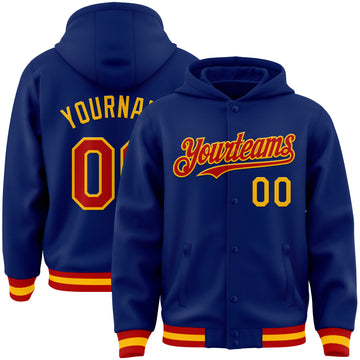 Custom Royal Red-Gold Bomber Full-Snap Varsity Letterman Hoodie Jacket