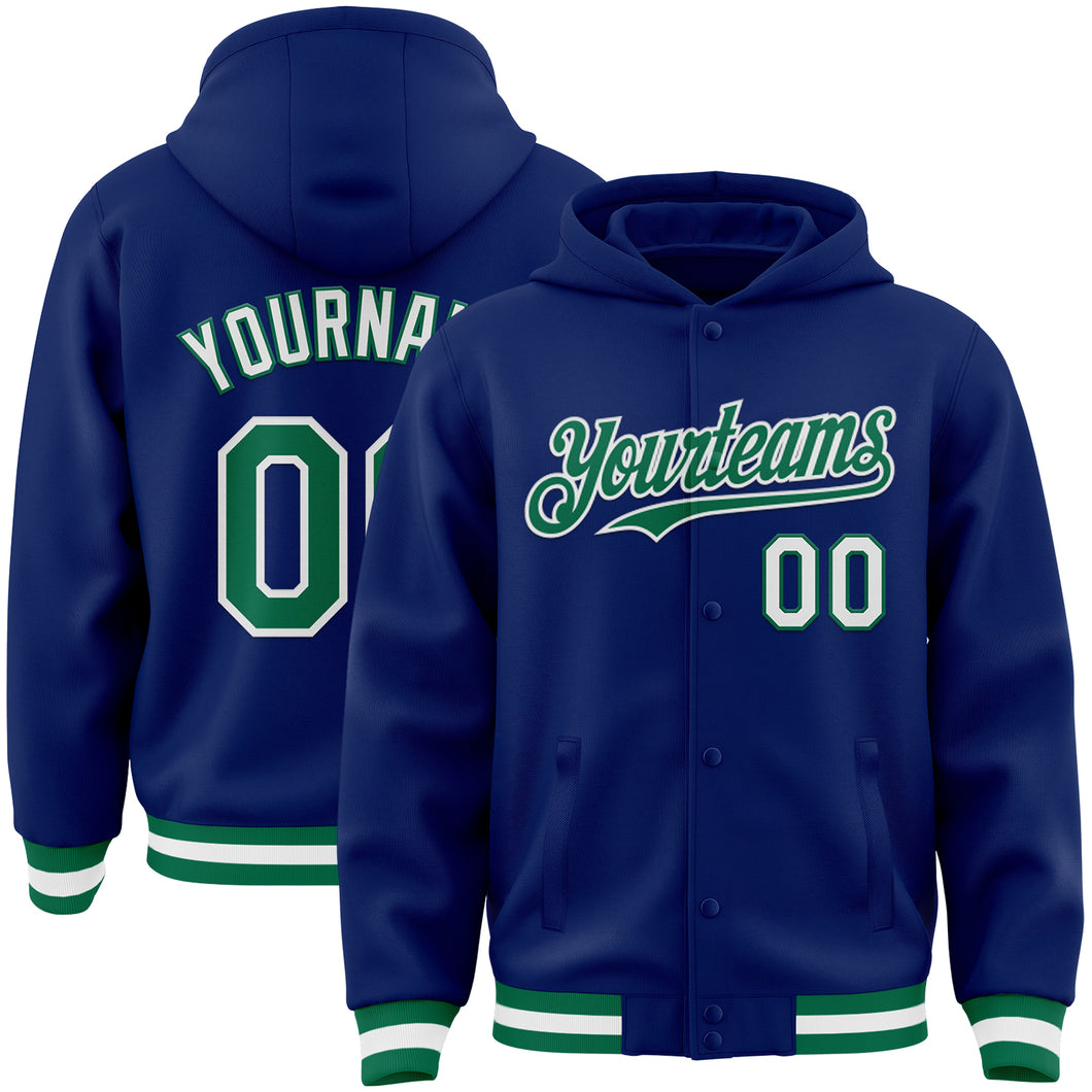 Custom Royal Kelly Green-White Bomber Full-Snap Varsity Letterman Hoodie Jacket