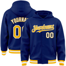 Загрузить изображение в средство просмотра галереи, Custom Royal Gold-White Bomber Full-Snap Varsity Letterman Hoodie Jacket
