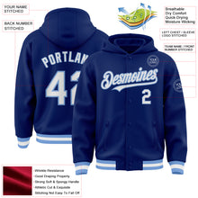 Laden Sie das Bild in den Galerie-Viewer, Custom Royal White-Light Blue Bomber Full-Snap Varsity Letterman Hoodie Jacket
