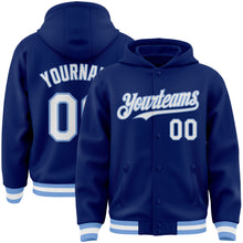 Laden Sie das Bild in den Galerie-Viewer, Custom Royal White-Light Blue Bomber Full-Snap Varsity Letterman Hoodie Jacket
