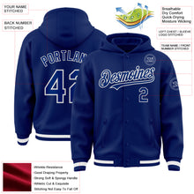 Laden Sie das Bild in den Galerie-Viewer, Custom Royal White Bomber Full-Snap Varsity Letterman Hoodie Jacket
