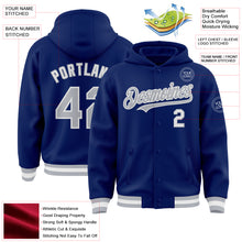 Load image into Gallery viewer, Custom Royal Gray-White Bomber Full-Snap Varsity Letterman Hoodie Jacket
