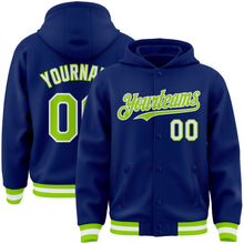 Загрузить изображение в средство просмотра галереи, Custom Royal Neon Green-White Bomber Full-Snap Varsity Letterman Hoodie Jacket
