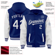 Laden Sie das Bild in den Galerie-Viewer, Custom Royal White Bomber Full-Snap Varsity Letterman Two Tone Hoodie Jacket
