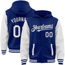 Laden Sie das Bild in den Galerie-Viewer, Custom Royal White Bomber Full-Snap Varsity Letterman Two Tone Hoodie Jacket
