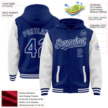 Charger l&#39;image dans la galerie, Custom Royal White Bomber Full-Snap Varsity Letterman Two Tone Hoodie Jacket
