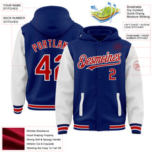 Загрузить изображение в средство просмотра галереи, Custom Royal Red-White Bomber Full-Snap Varsity Letterman Two Tone Hoodie Jacket
