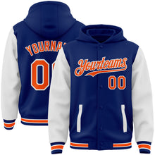 Charger l&#39;image dans la galerie, Custom Royal Orange-White Bomber Full-Snap Varsity Letterman Two Tone Hoodie Jacket
