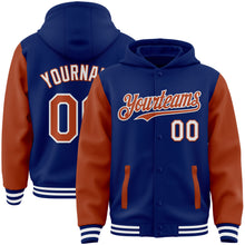 Charger l&#39;image dans la galerie, Custom Royal Texas Orange-White Bomber Full-Snap Varsity Letterman Two Tone Hoodie Jacket
