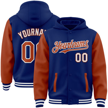 Custom Royal Texas Orange-White Bomber Full-Snap Varsity Letterman Two Tone Hoodie Jacket