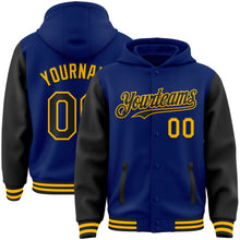 Charger l&#39;image dans la galerie, Custom Royal Black-Gold Bomber Full-Snap Varsity Letterman Two Tone Hoodie Jacket
